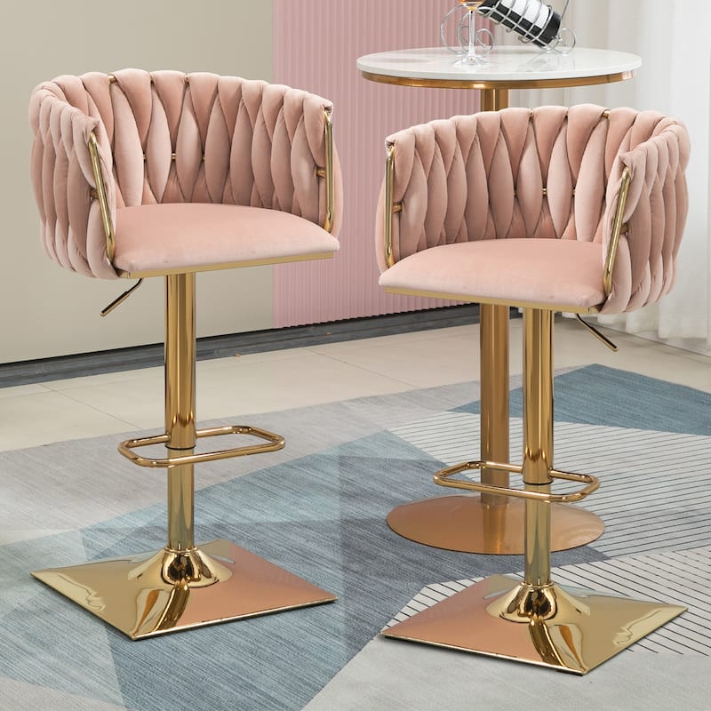 Velvet Upholstered Swivel Adjustable Height Bar Stools With Metal Footrest（set of 2） - Pink