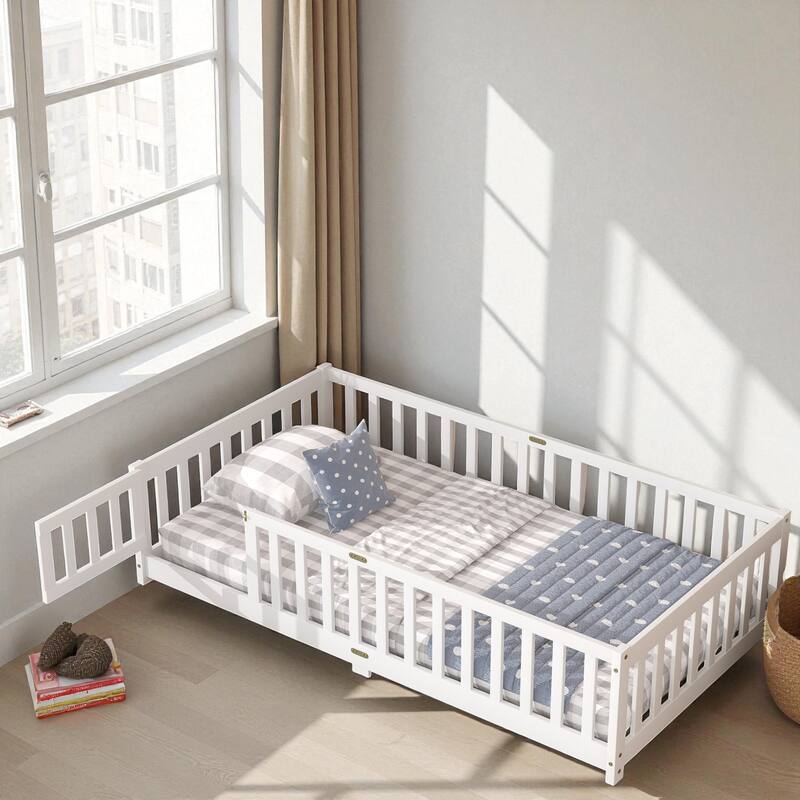 Twin Size Rubber Wood Floor Bed with Fence and Door, Montessori Platform Bed with Safety Guardrails for Kids