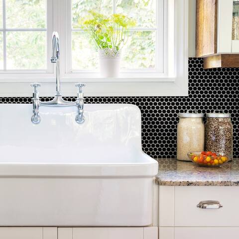 Merola Tile Metro Penny Matte Satin Black 9.75" x 11.5" Porcelain Mosaic Tile