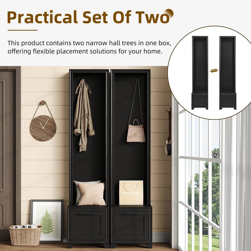 Elegant Free Standing Hall Tree Set of 2, Multifunctional 3-IN-1 Entryway Coat Rack with Black Retro Handles
