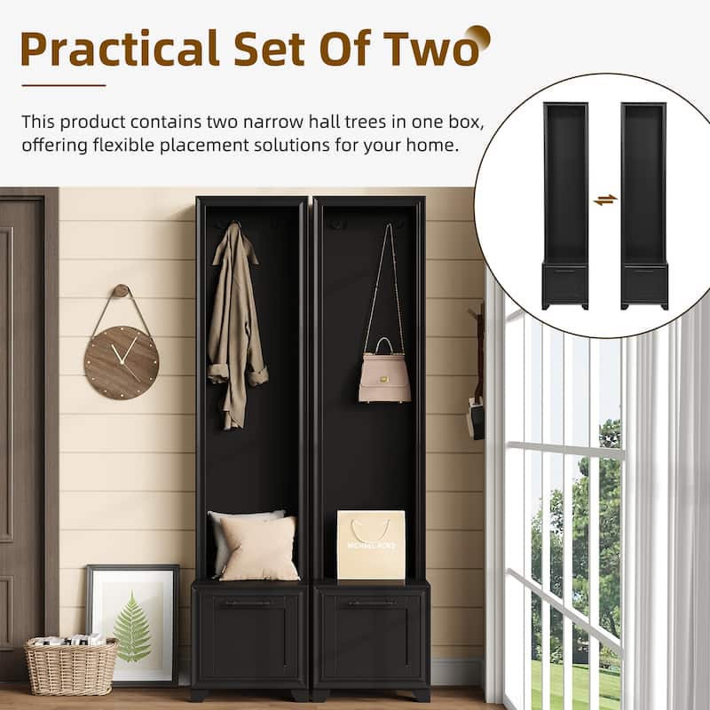 Set of 2 Free-Standing Hall Trees, 3-in-1 Entryway Coat Rack with Bench & Storage Drawers, Black Retro Handles