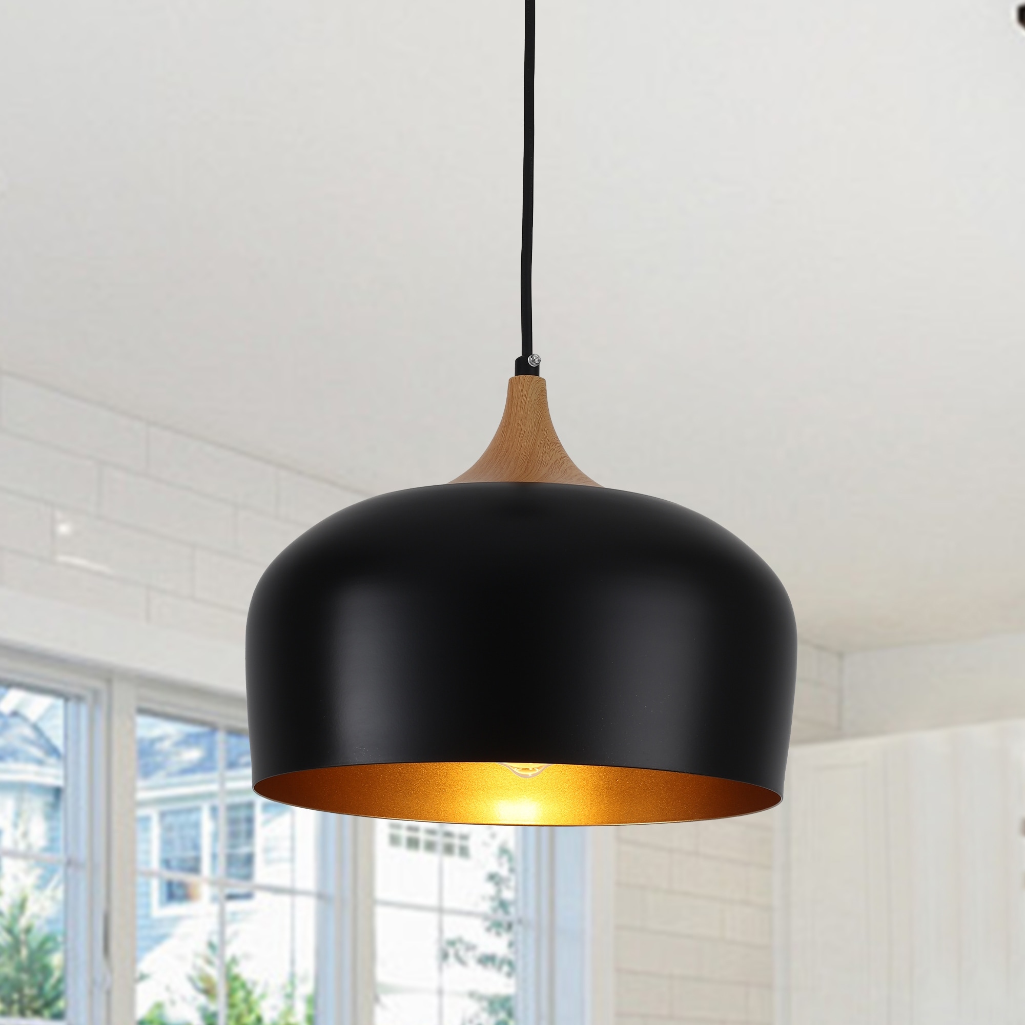 Industrial 1-Light Metal Dome Pendant Light with Solid Wood Accents