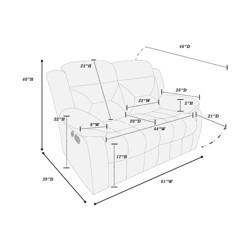 Harper Manual Reclining Loveseat, USB Port, Brown Velvet, 61 Inch, USB