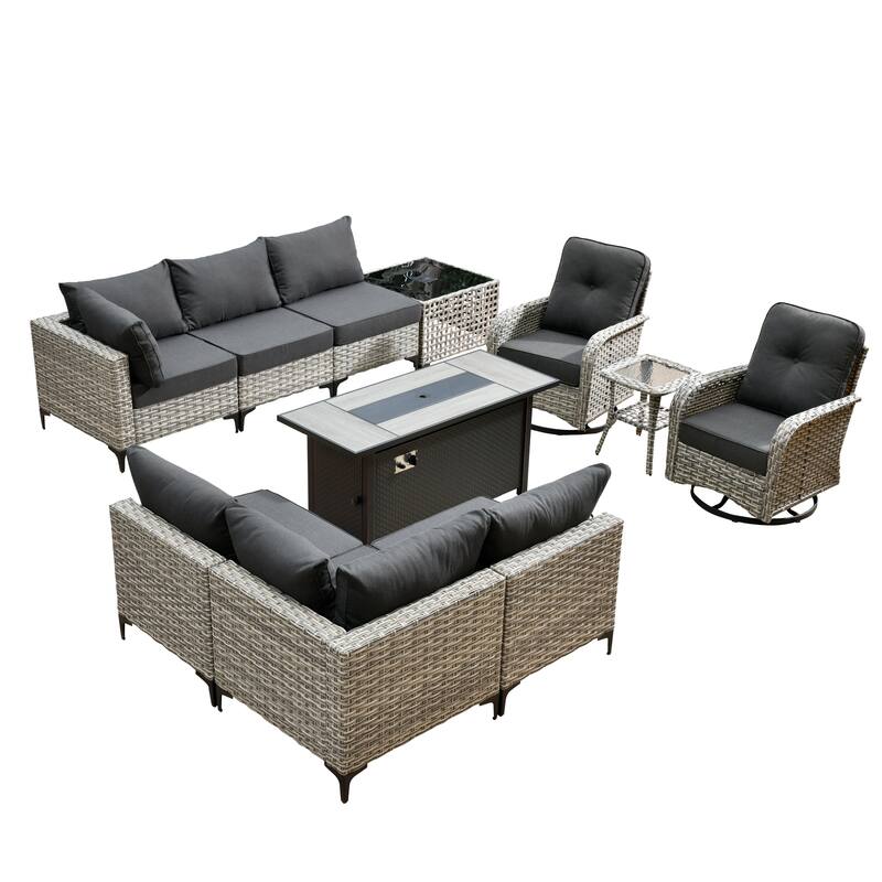 XIZZI 11-piece Outdoor Patio Wicker Furniture Sectional Set with Fire Table