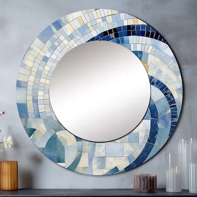 Designart "Gold Constructing Blue Realms IV" Abstract Shapes Round Mirror For Wall Decor - Modern Blue Bedroom Mirror