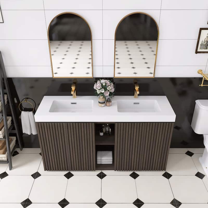 59.6'' Freestanding Bathroom Vanity with White Integrated Solid Surface Sink in Smoked Oak - 59.49'' x 19.11'' x 36.45''