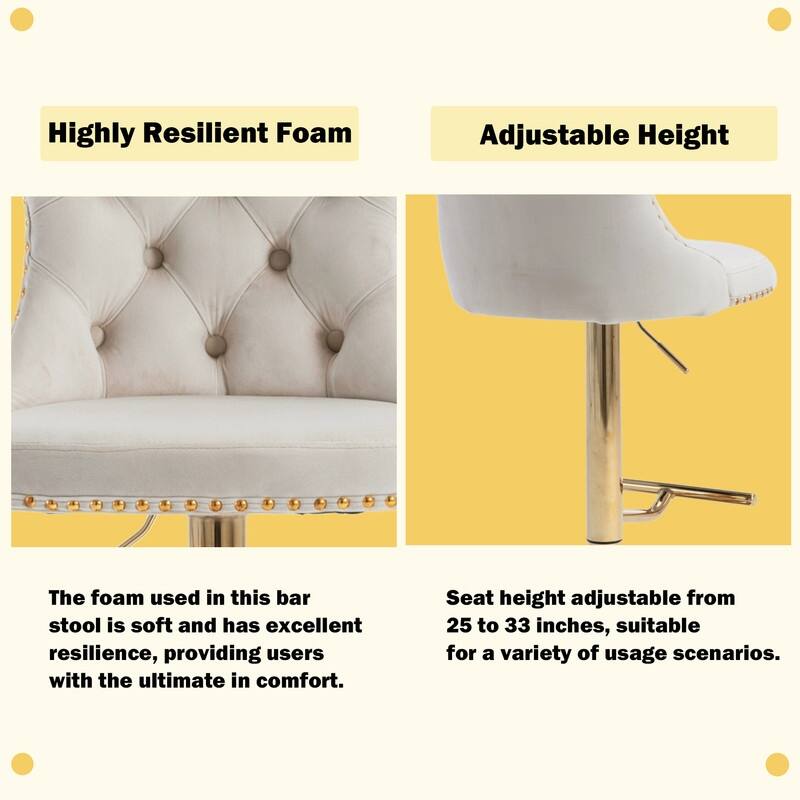 Velvet Upholstered Nailheads Tufted Swivel Bar Stools (Set of 2)