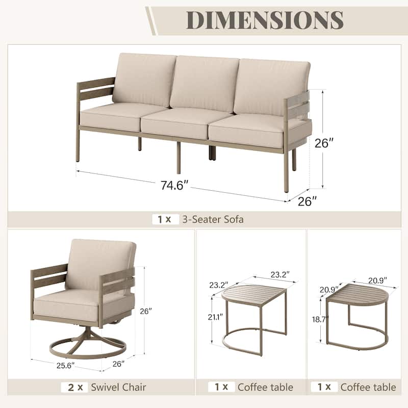 MAISON ARTS 5-Seater Patio Conversation Set Curved Metal Wood-Like Sofa Set