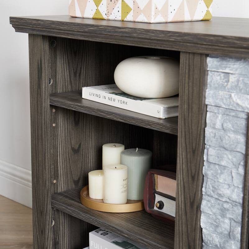 Large TV Stand Storage Rack with Faux Stacked Stone Surround,Media Console Table with Large Storage Cabinet
