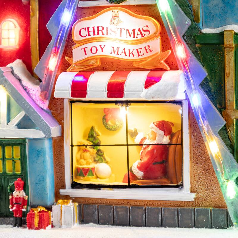 Glitzhome 10.75"H Lighted Christmas Toy Market Resin Village with Movement and Music