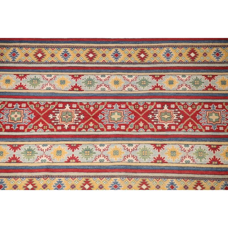 Striped Geometric Kazak Area Rug Hand-Knotted Wool Carpet - 4'11" x 6'7"