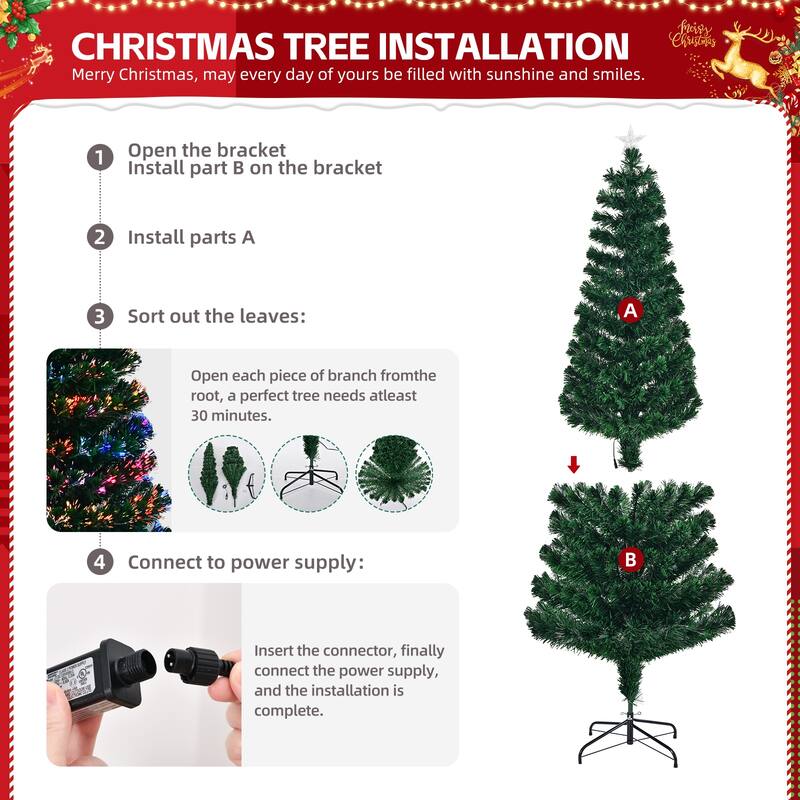 6 ft Fiber Optic Christmas Tree Pre-Lit Multi-Color Auto-Changing Lights with Star Topper and Sturdy Iron Base - 6 Ft