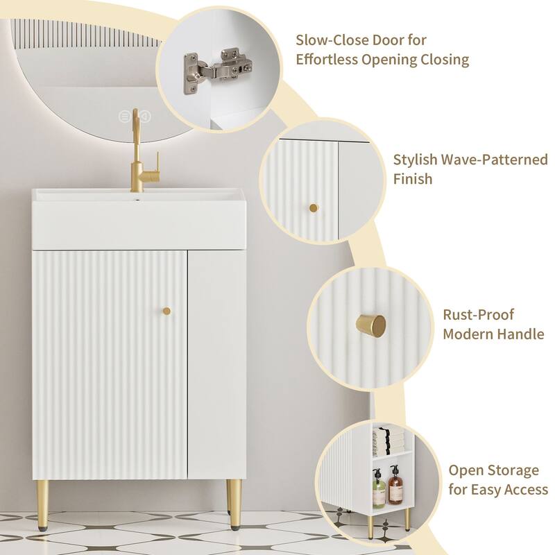 Compact White Bathroom Vanity with Ceramic Sink, Soft-Closing Cabinet, and Brushed Copper Accents for Small Spaces