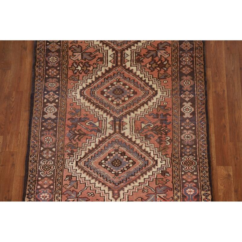 Heriz Persian Vintage Runner Rug Handmade Pink Wool Carpet - 3'5"x 7'3"
