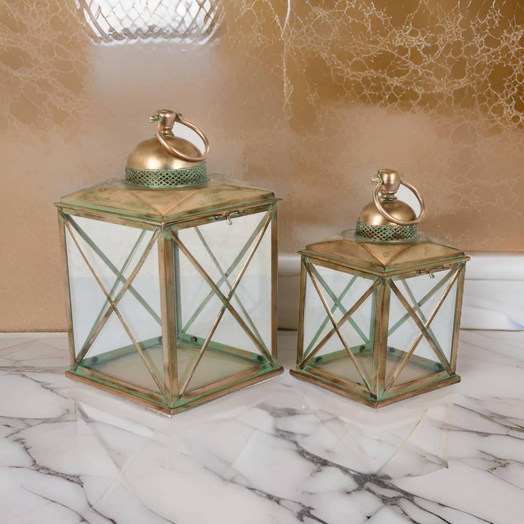 20 Inch Decorative Lantern Set of 2, Glass Panel, Cross Metal Frame, Gold