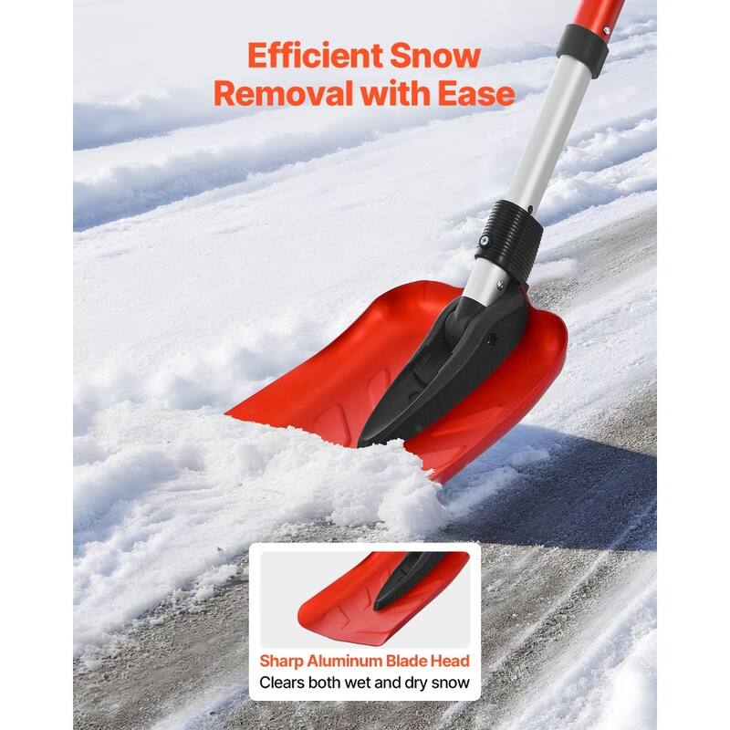 Lightweight Portable Adjustable Aluminum Alloy Snow Shovel with D-Shaped Handle for Driveway and Car Use - Red-40.5"