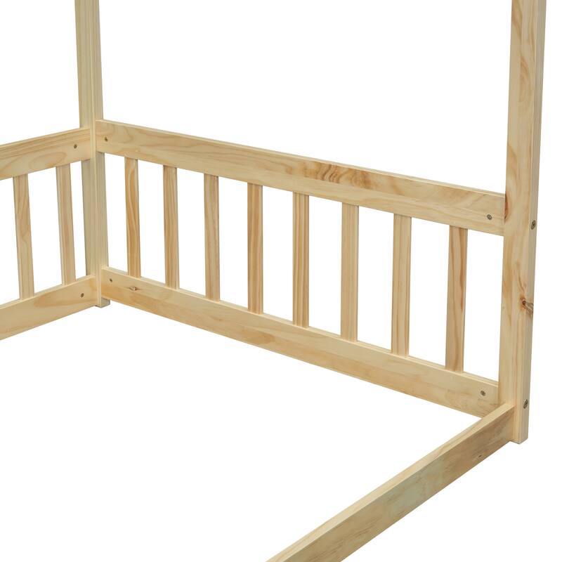 Wood Canopy Frame Floor Bed with Fence,Guardrails