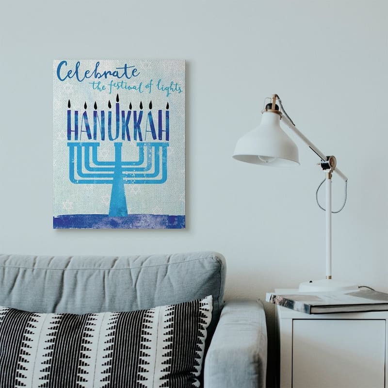 Stupell Festival Of Lights Hanukkah Holiday Menorah Blue Word Design Canvas Wall Art, Proudly Made in USA