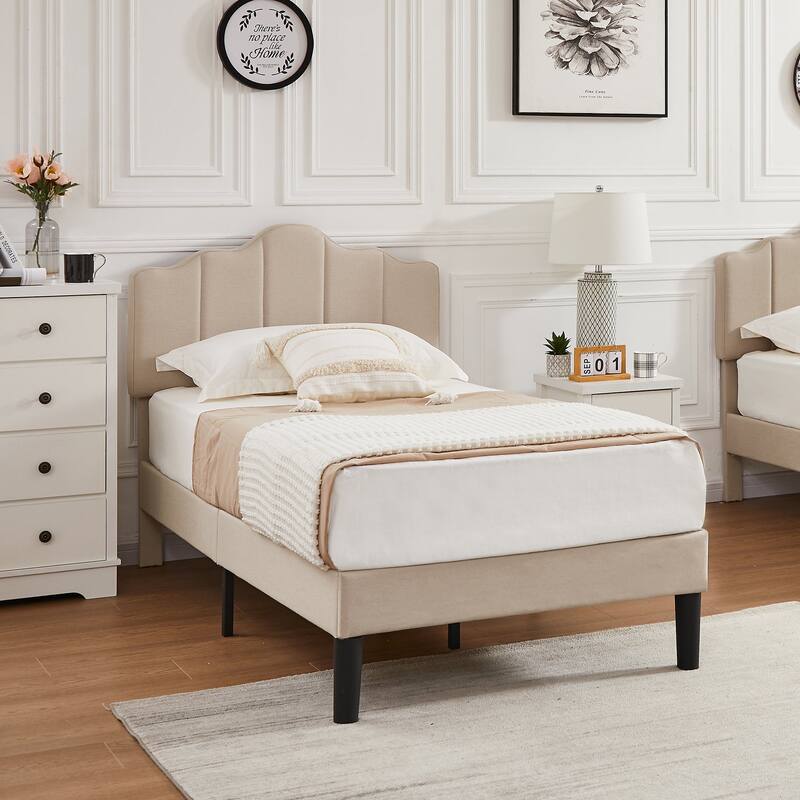 VECELO Modern Bed Frame with Adjustable Headboard, Twin Size Upholstered Bed Kids Bed set of 2