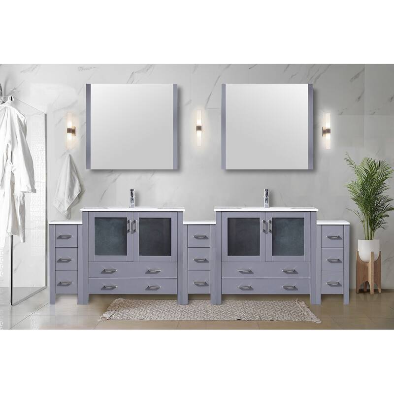 Volez Double Bath Vanity with Side Cabinets, White Ceramic Top, 34 in Mirrors and Faucet Set - 108