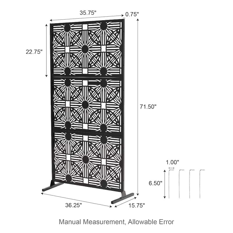 Glitzhome 6ft Galvanized Floral Patterned 3-Panel Privacy Screen Room Divider Fences