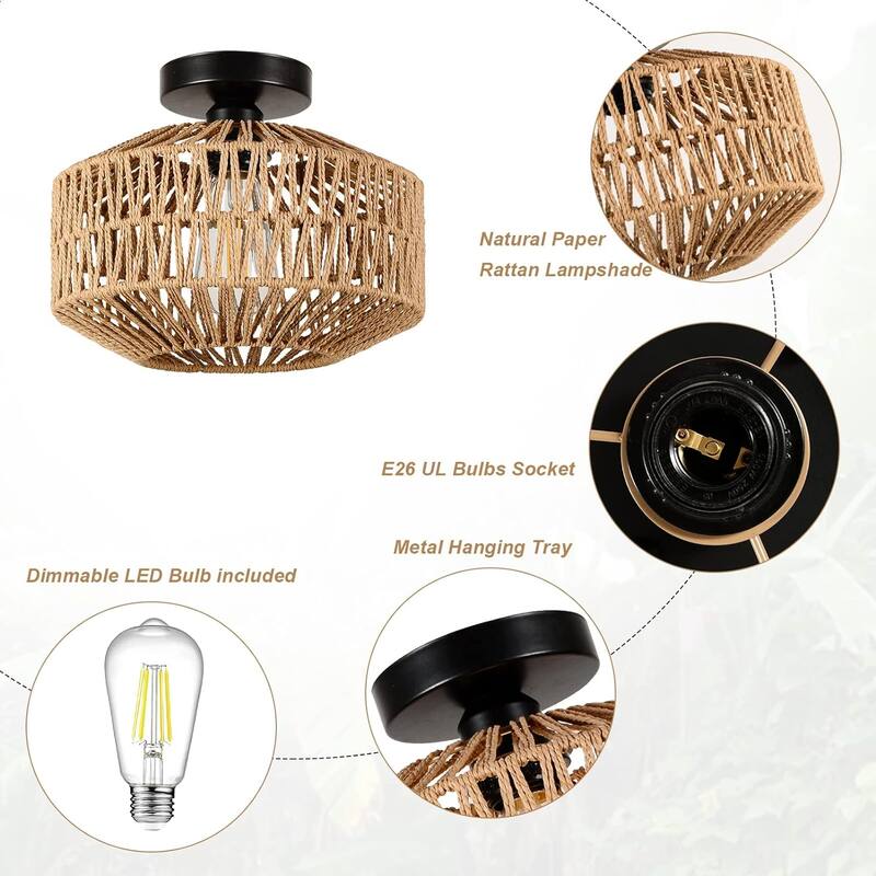 Light Fixtures Ceiling Mount,Mini Rattan Chandelier Light with Dimmable LED Bulb,Hand Woven Ceiling Light Fixtures Flush Mount