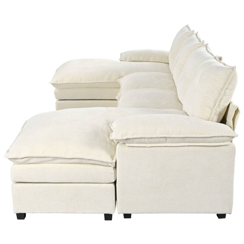 U-Shaped Chenille Sectional Sofa, Beige, Polyester, 115x54x36 inches, 184 lbs
