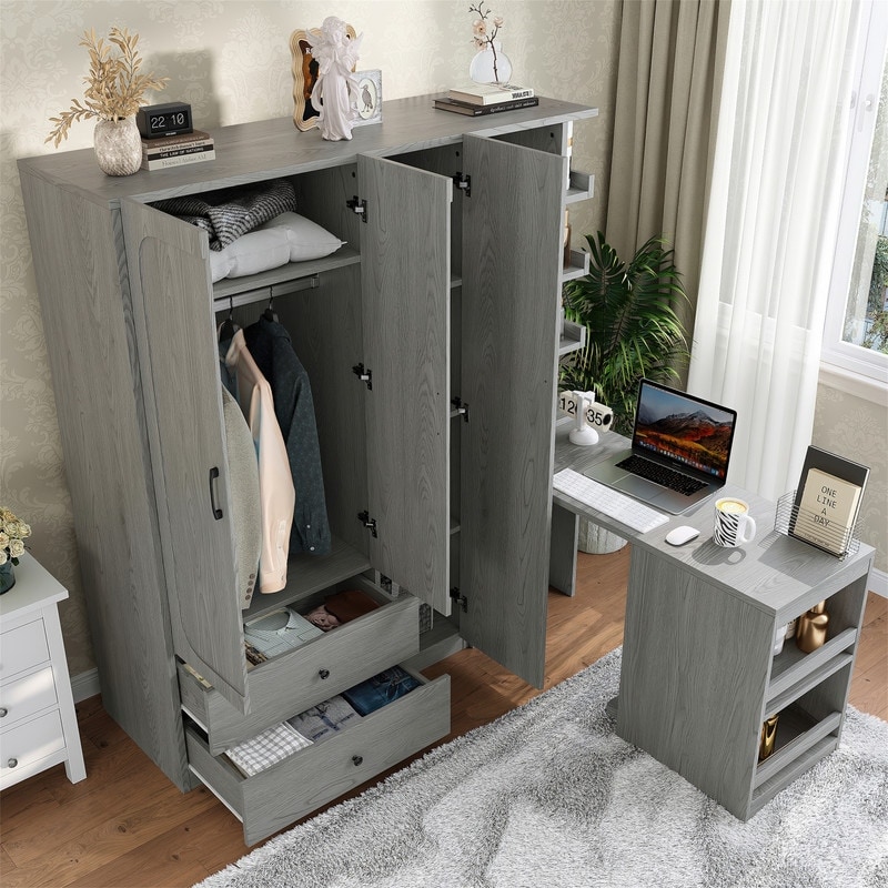 Multifunctional 2-Door Wardrobe with Convertible Desk and 2 Storage Drawers, Wooden Closet with Open Shelves and Hanging Rod