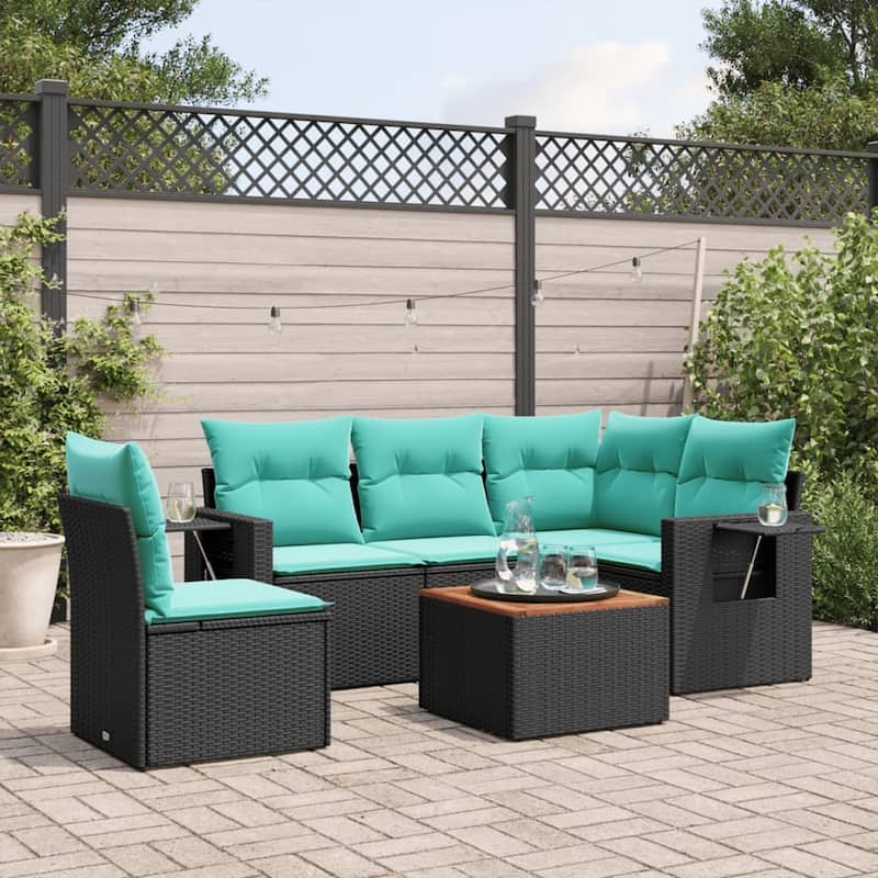 vidaXL 6 Piece Patio Sofa Set with Cushions Gray/Brown/Black Poly Rattan - 24.4" x 24.4" x 27.2" - Black and blue  - form3