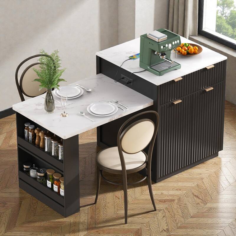 82.6" Fluted Kitchen Island with Extendable Dining Table for 2-6, Power Outlet, Double-Side Storage, Drawers