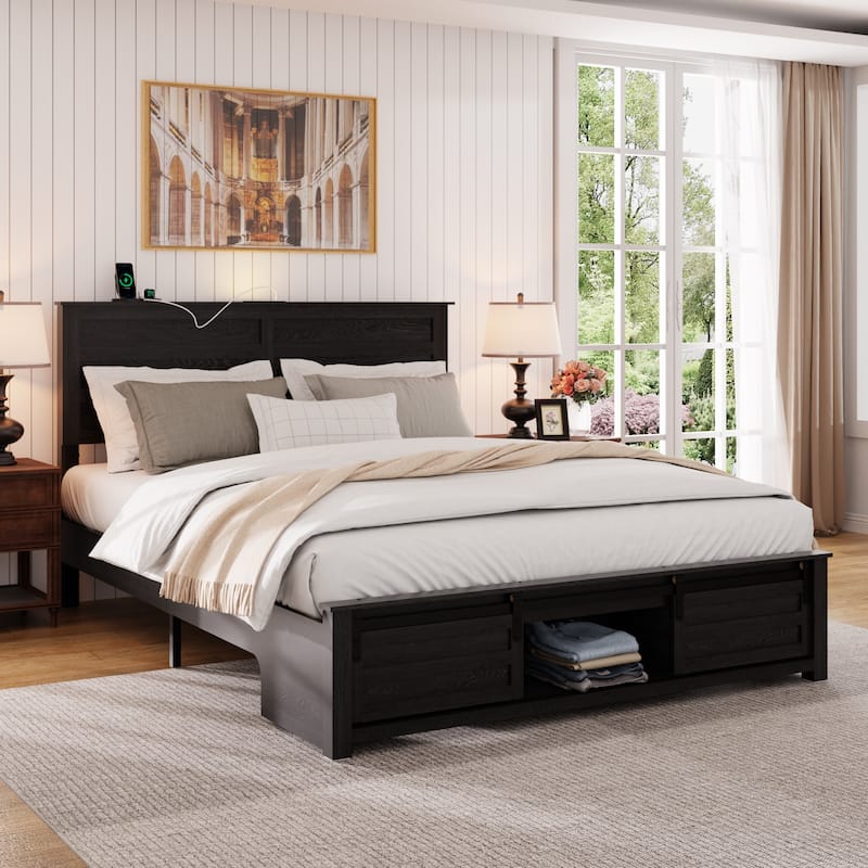 Storage Platform Bed Frame with Touch Light Charging Station Headboard and Endbed Storage Space, Velcro Design Wood Slat Support - Antique Black - Full