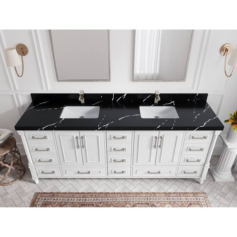 Willow Collections 84 in. W x 22 in. D Aberdeen Double Bowl Sink Bathroom Vanity with Countertop - 2" Calacatta Black - White