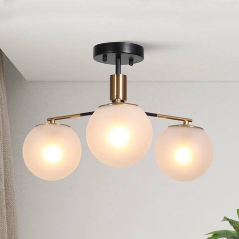 Modern Black Gold 3-Light Semi-flush Mount Glass Metal Ceiling Light for Dining Room - D 19"* H 12.4"
