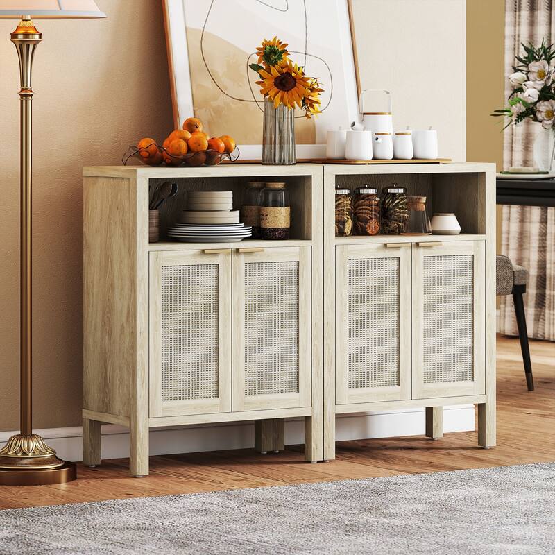 Rattan Sideboard with Adjustable Shelves and Golden Handles for Kitchen Dining and Living Room Storage