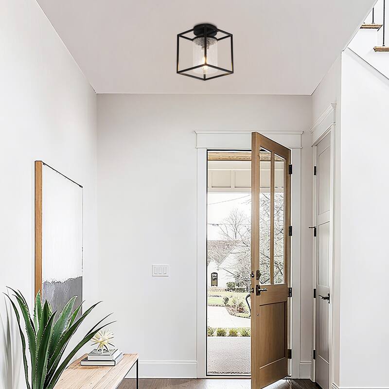 1-Light Modern Black Metal Frame Textured Glass Ceiling Light - Matte Black