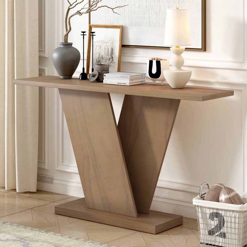 59.8" V-Base Console Table with Natural Wood Veneer