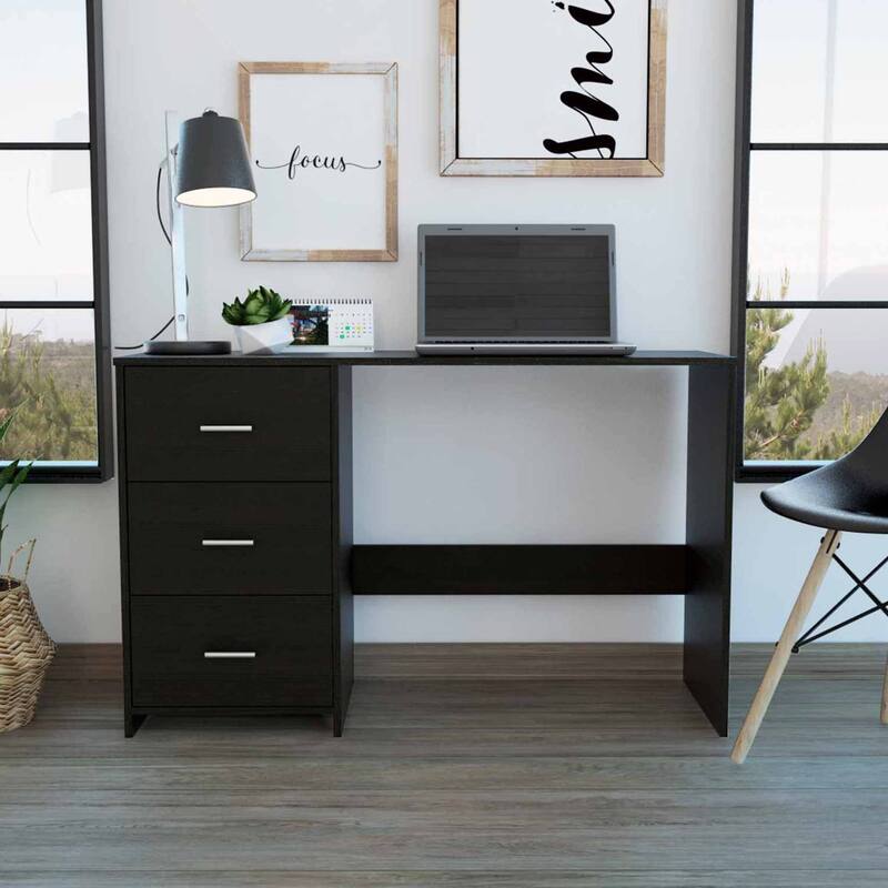 48-Inch Black Modern Computer Desk with 3 Drawers Sleek Rectangular Manufactured Wood Office Desk for Home & Professional Use