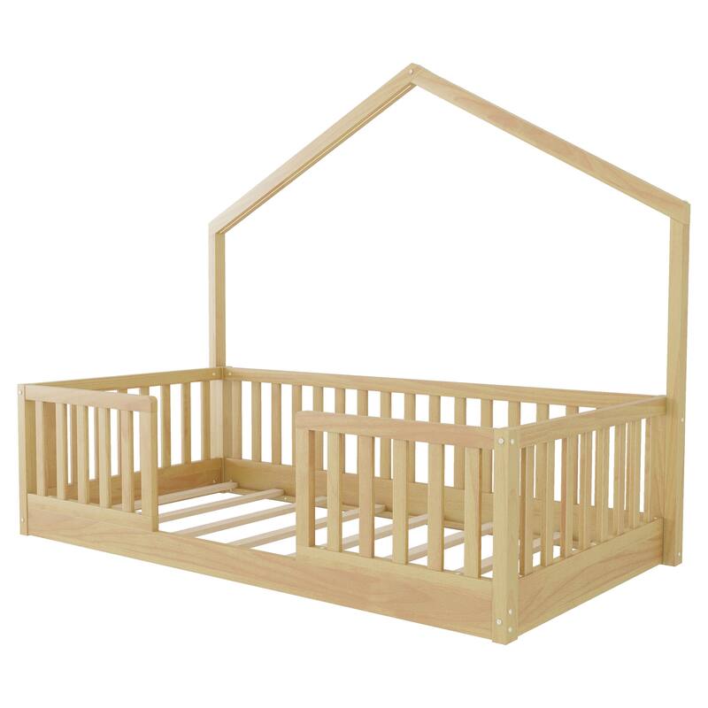 Roomfitters Twin/Full Floor Platform Bed, House Frame and LED Light with Wooden High Rails for Bedrooms or Guest Rooms