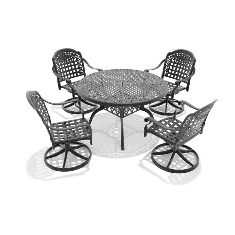 5-Piece Aluminum Round Outdoor Patio Dining Set, 4 Cushioned Swivel Chairs, Table, All-Weather Frames