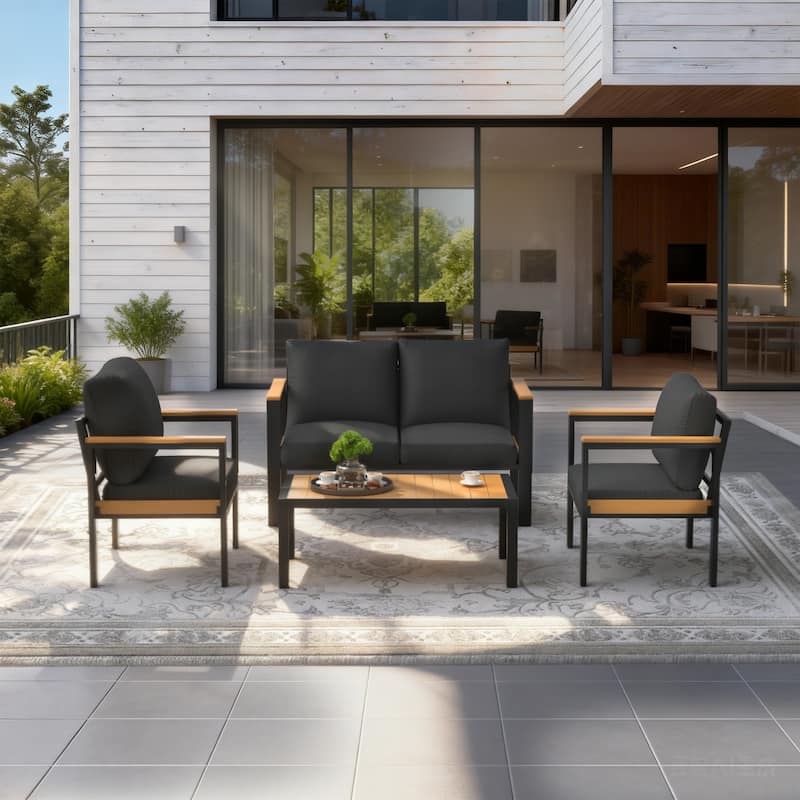 4/5/7-Piece Patio Conversation Set with Table, All-Weather Aluminum Furniture for Outdoor Living - Gray/Black - Set 4B - Black