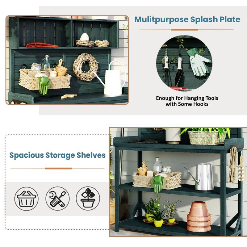 65" Large Wooden Farmhouse Rustic Outdoor Potting Bench Table, Patio Workstation with 4 Storage Shelves and Side Hook