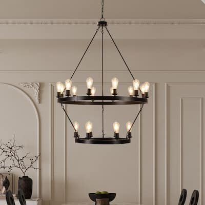 Modern 18-Light 2-Tier Large Wheel Black Chandelier Light Fixture
