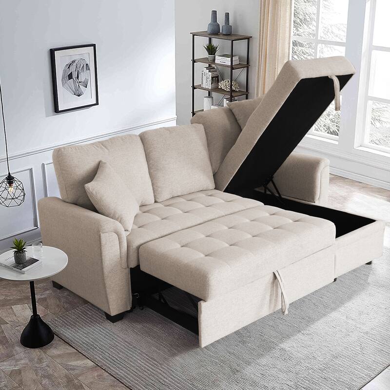 Full-size Sofa Bed Polyester Sectional Sofa Reversible Chaise with Pull