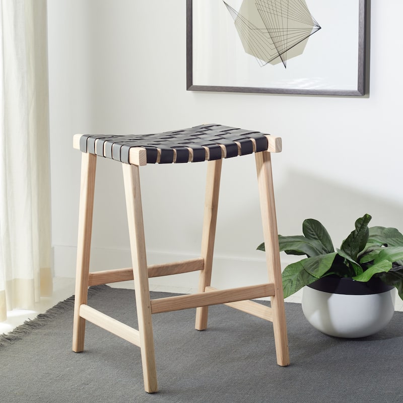 SAFAVIEH Didy 27-inch Woven Leather Rectangle Counter Stool - 19" W x 19" D x 27" H - 19Wx19Dx27H - Black/Light Natural