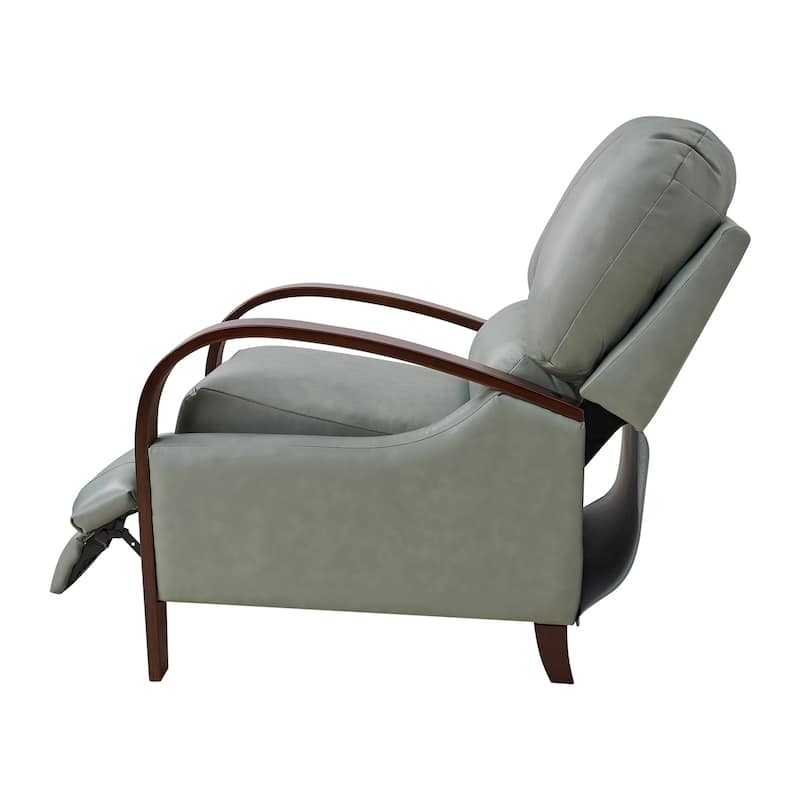 Alex Mid-century Modern Genuine Leather Manual Recliner with Wooden Curved Arms