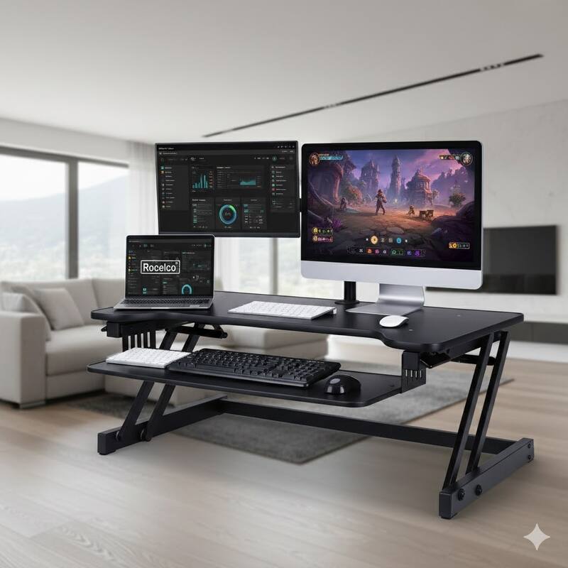 Rocelco 37.5 in. W Black Height Adjustable Standing Desk Converter Keyboard Tray Double Monitor Riser Computer Workstation