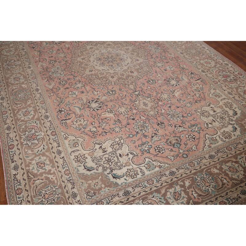 Pink Tabriz Vintage Persian Rug Hand-Knotted Traditional Wool Carpet - 6'6" x 9'11"