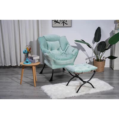 Modern Cotton Fabric Accent Lazy Chair with Armrests and a Side Pocket: with Ottoman, with Footrest.