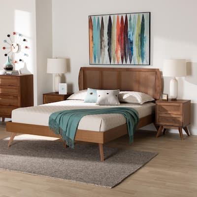 Asami Mid-Century Modern Walnut Brown Finished Wood and Woven Rattan 3-Piece/4-Piece/5-Piece Bedroom Set (Multiple Bed Sizes)