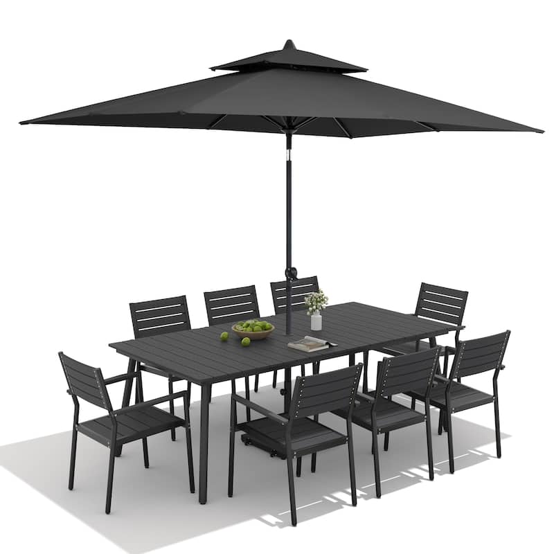 11-Piece Outdoor Dining Set 8 Stackable Chairs and Aluminum Table w/ 10 ft Umbrella and Base Stand